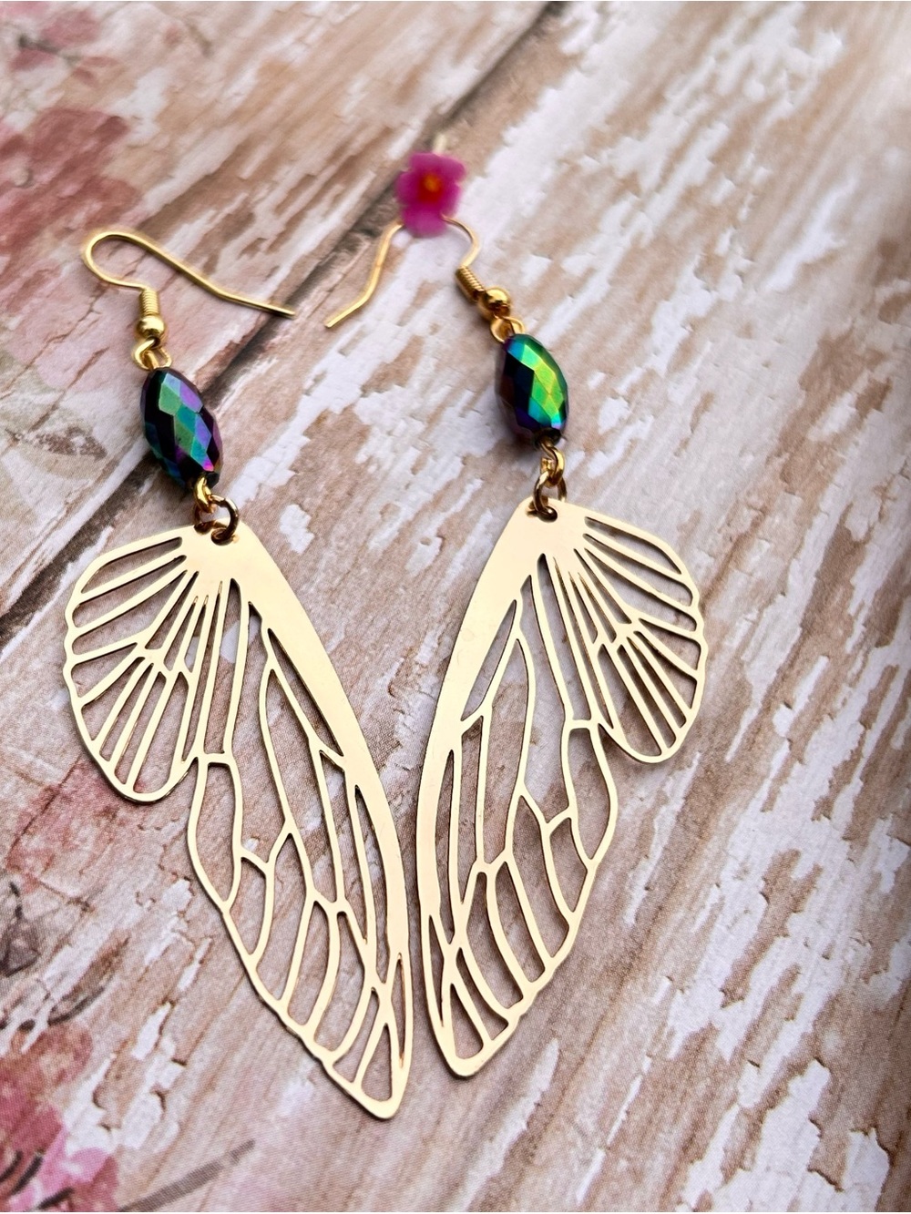 Gold Wing Cutout Earrings with Iridescent Bead